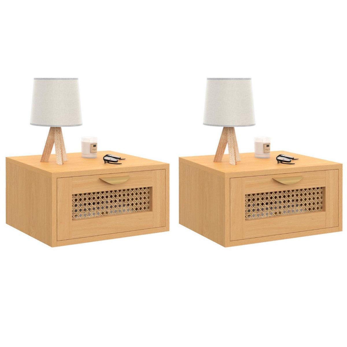 ID MARKET Lot de 2 tables de chevet murales EDHEN 1 tiroir étagère suspendue cannage et bois