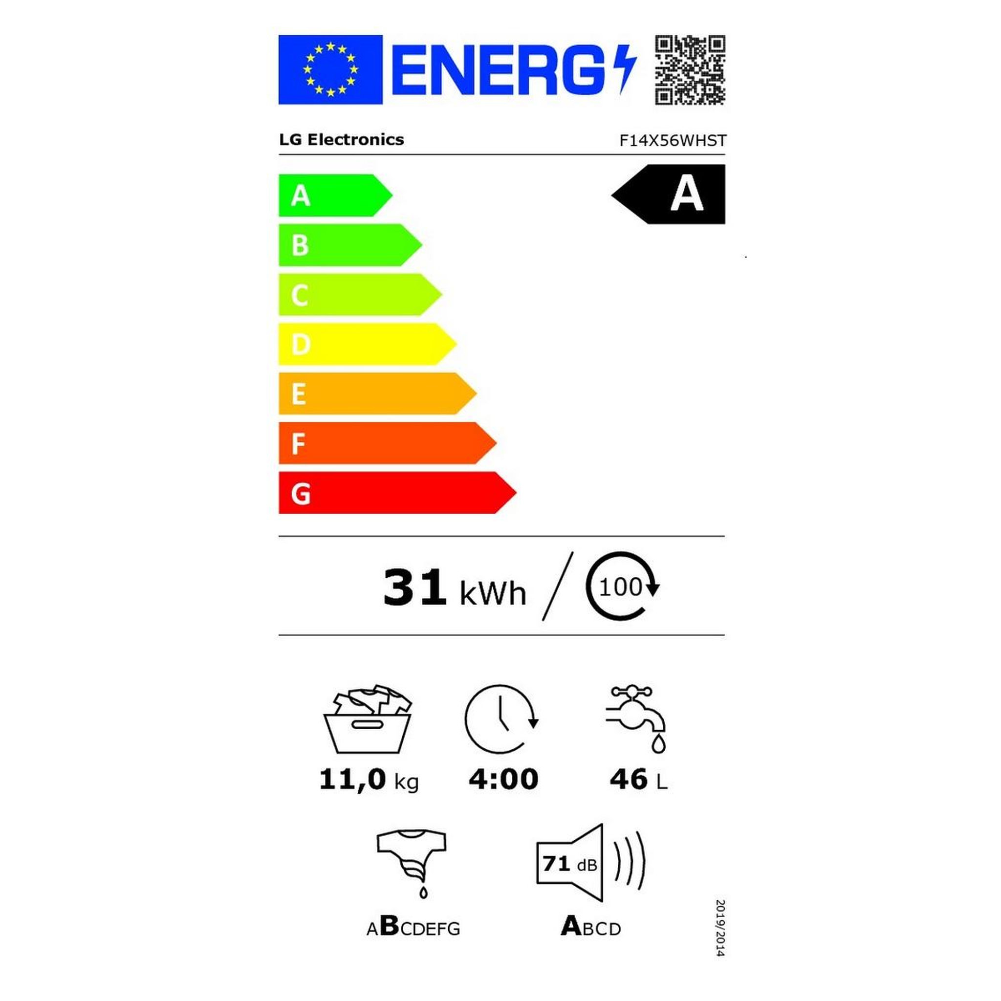 Voir la diapositive 2 : LG Lave-linge frontal 11kg 1400 tours/min - f14x56whst