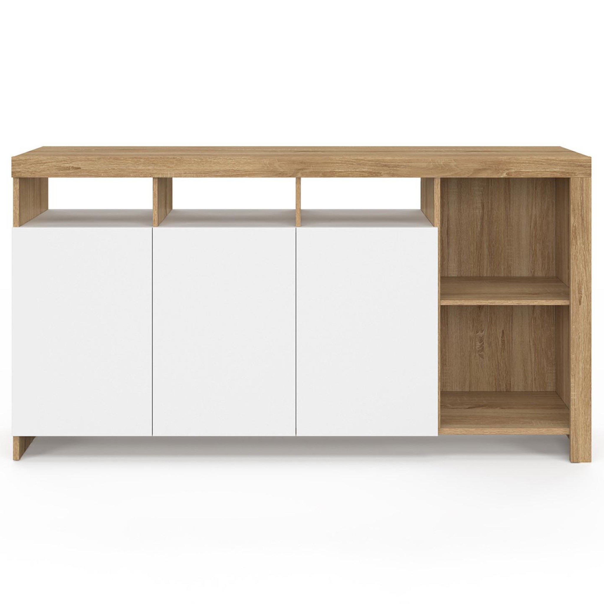 Voir la diapositive 3 : ID MARKET Buffet 140 cm MALO bois façon hêtre et portes blanches