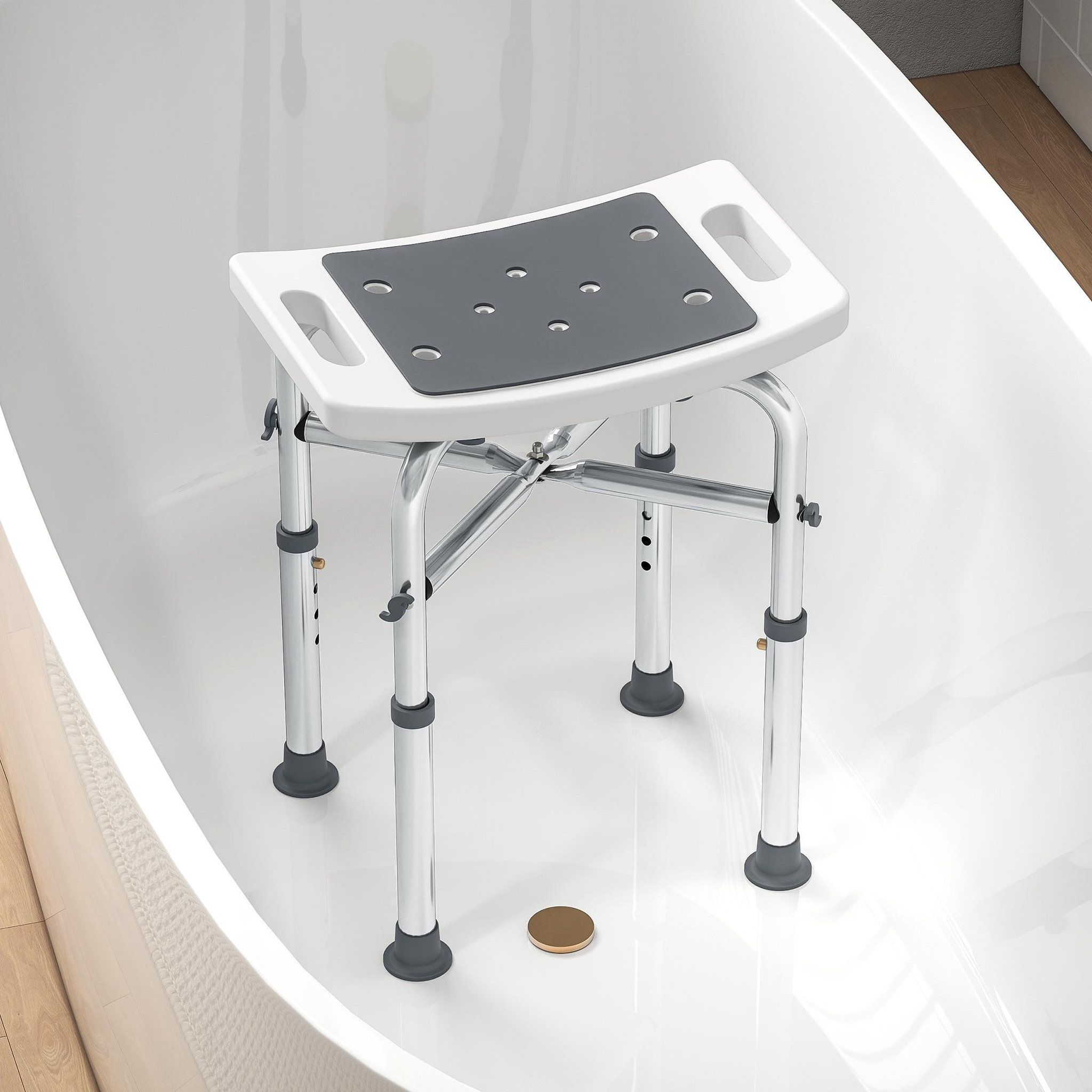 Voir la diapositive 2 : HOMCOM Siège de douche réglable en hauteur tabouret de douche ergonomique pieds antidérapants charge max. 150 kg alu hdpe blanc gris