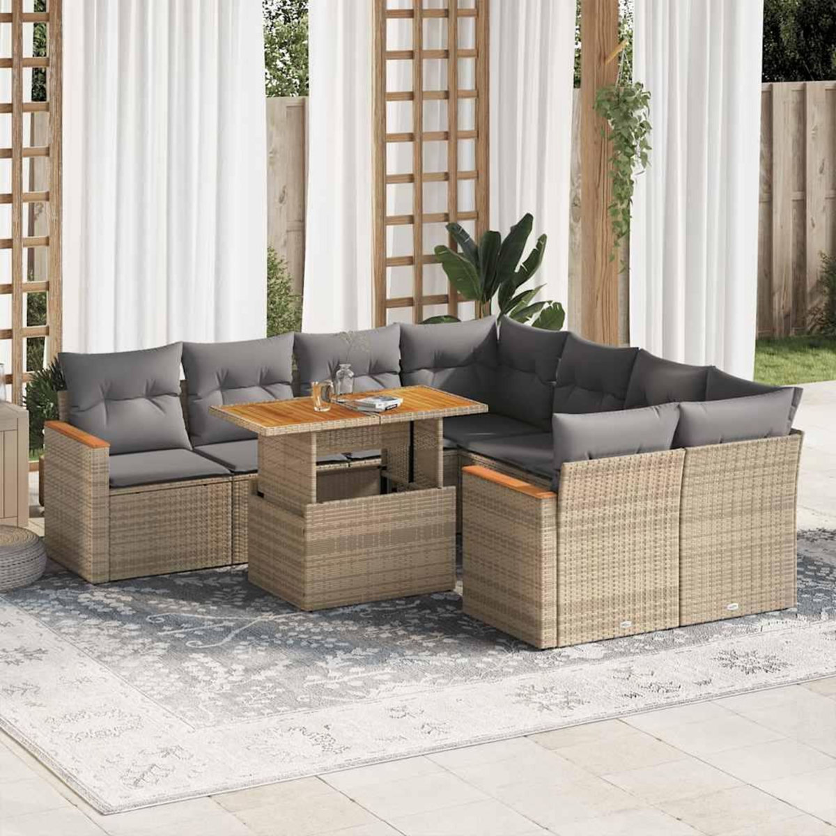 VIDAXL Salon de jardin avec coussins 9 pcs beige resine tressee acacia