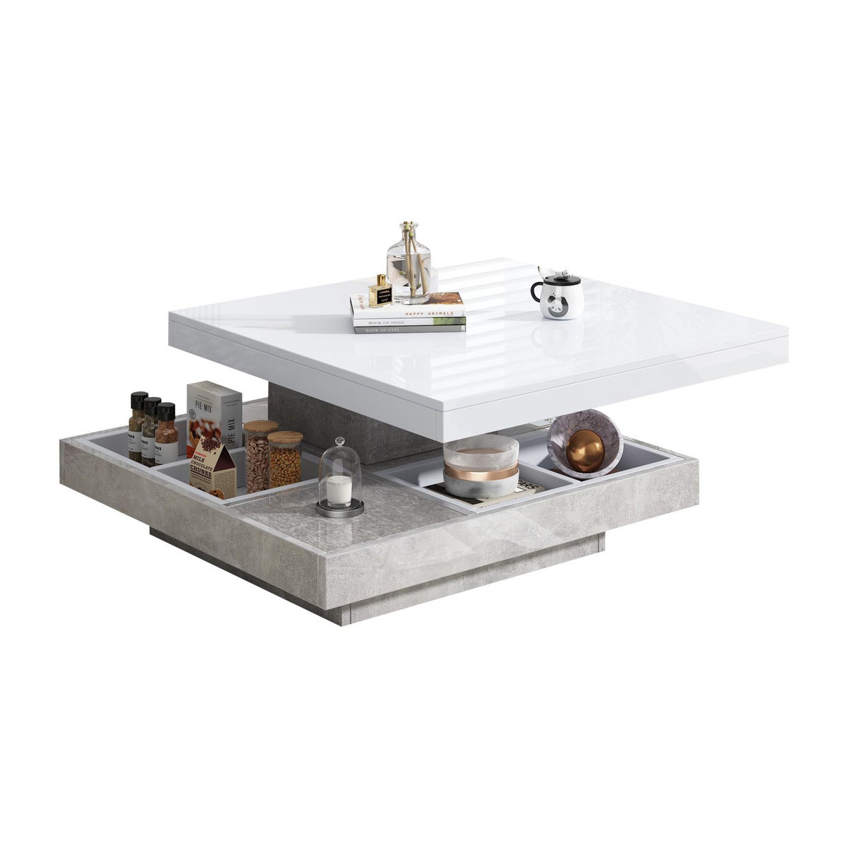 MERAX Table Basse Carrée Avec Un Bureau Rotatif à 360° Et Plusieurs Compartiments De Rangement