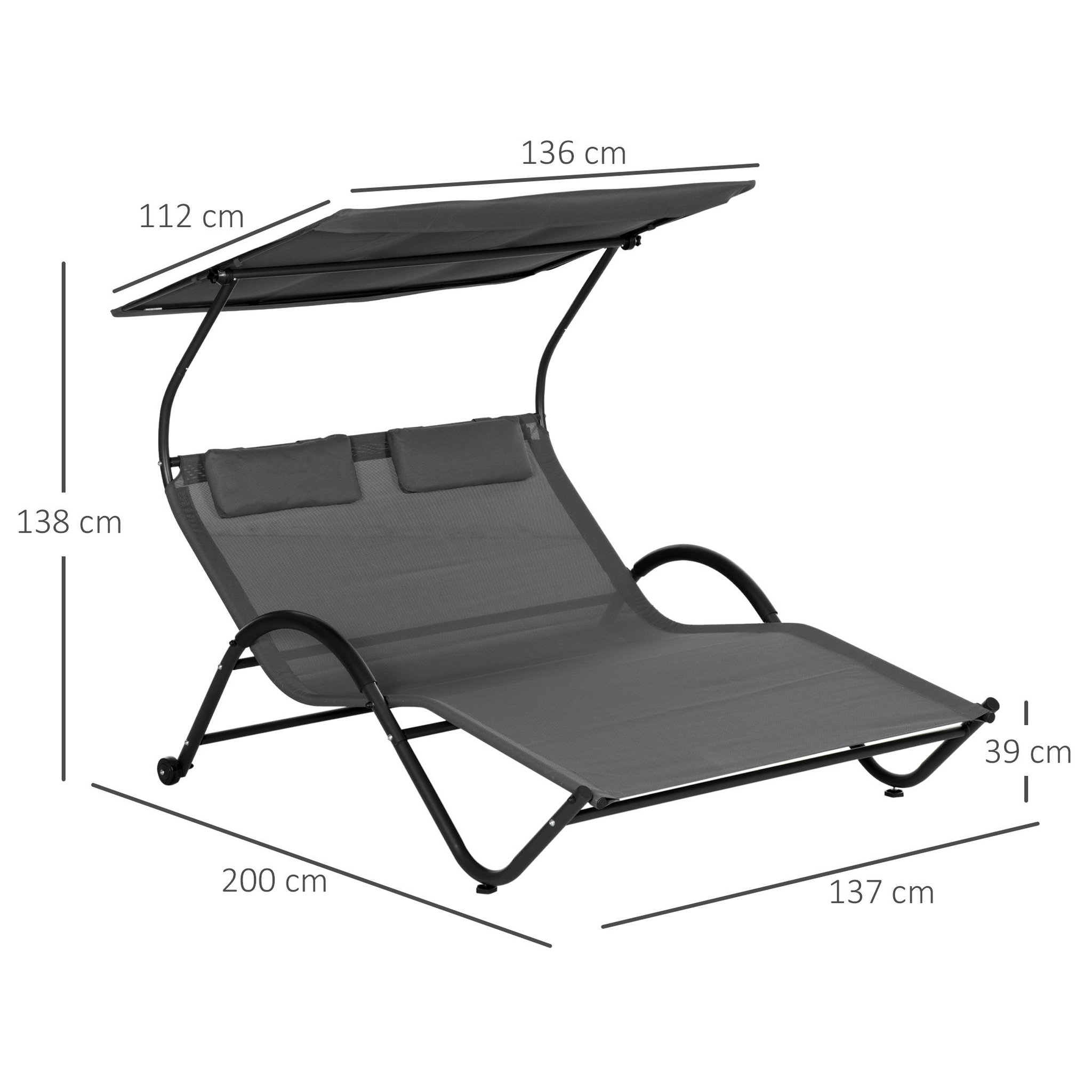 Voir la diapositive 3 : OUTSUNNY Bain de soleil 2 places lit de jardin design contemporain auvent réglable roulettes tétières acier époxy polyester gris