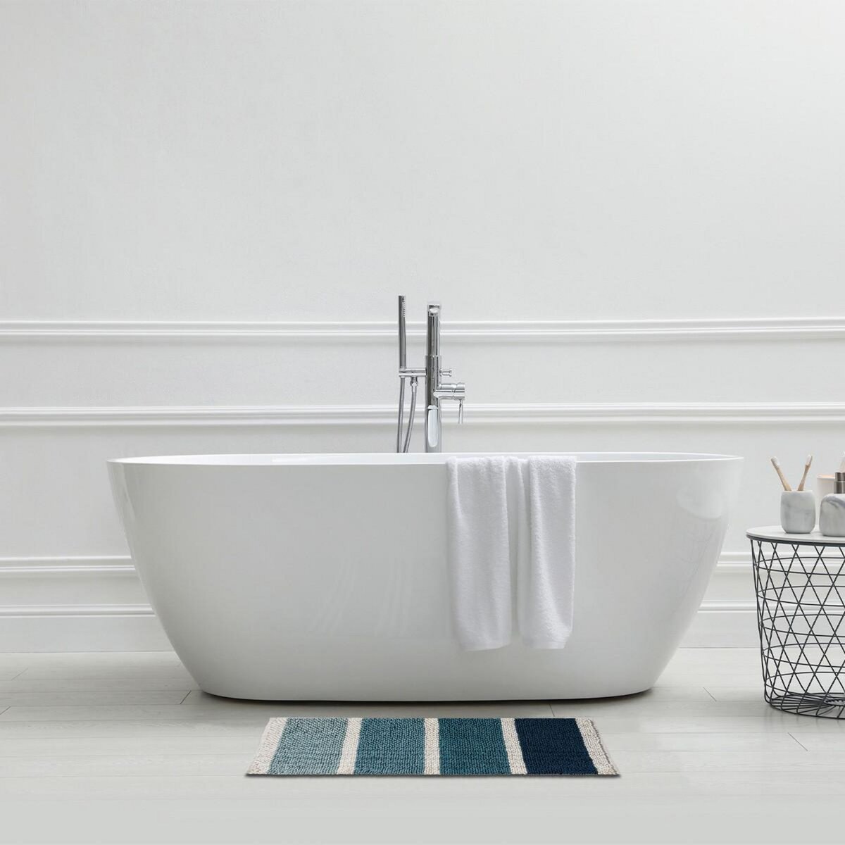 GUY LEVASSEUR Tapis de bain déco à rayures en polycoton 60x120cm