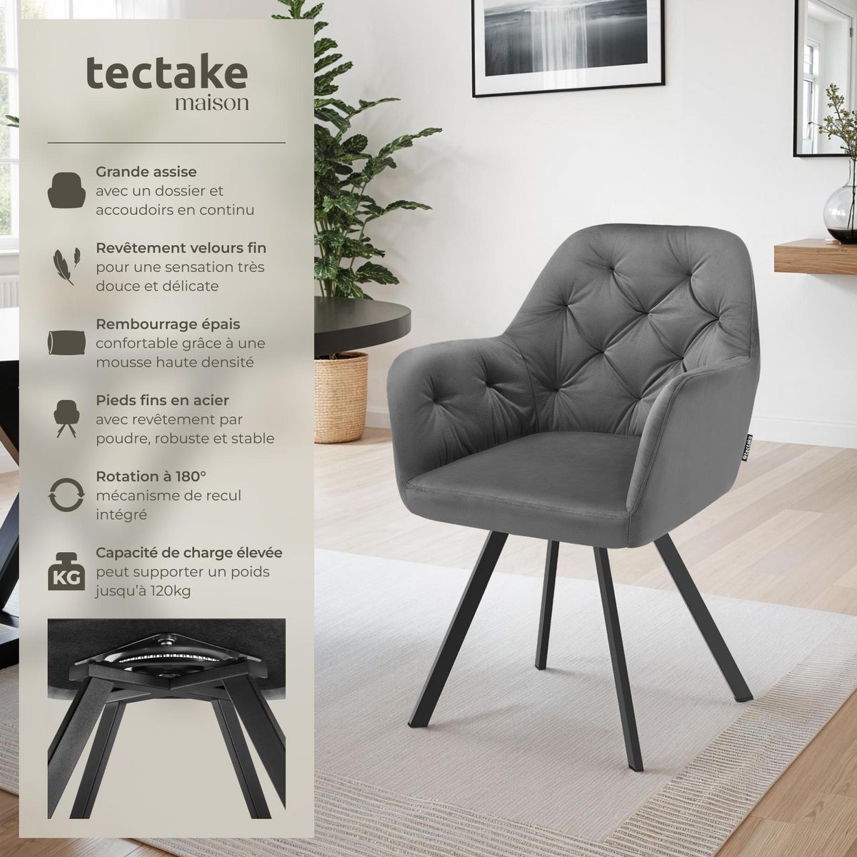 tectake Fauteuil pivotant en velours avec accoudoirs rembourré avec motif matelassé gris anthracite Lot de 6