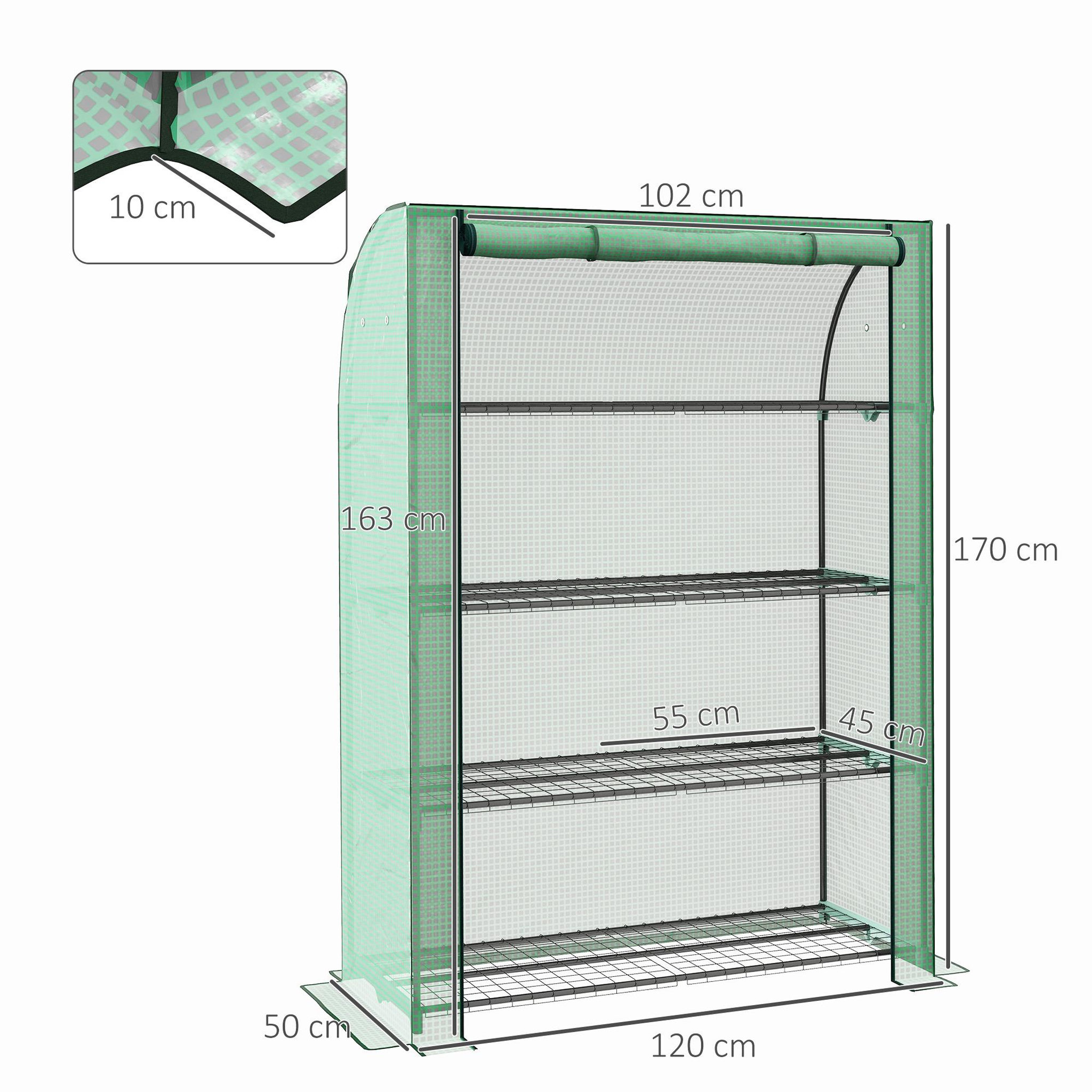 Voir la diapositive 3 : OUTSUNNY Mini serre de jardin serre de balcon serre à 4 étages avec châssis en acier & bâche en pe renforcée, intérieur et extérieur portable porte enroulable, 120 x 50 x 170 cm, vert