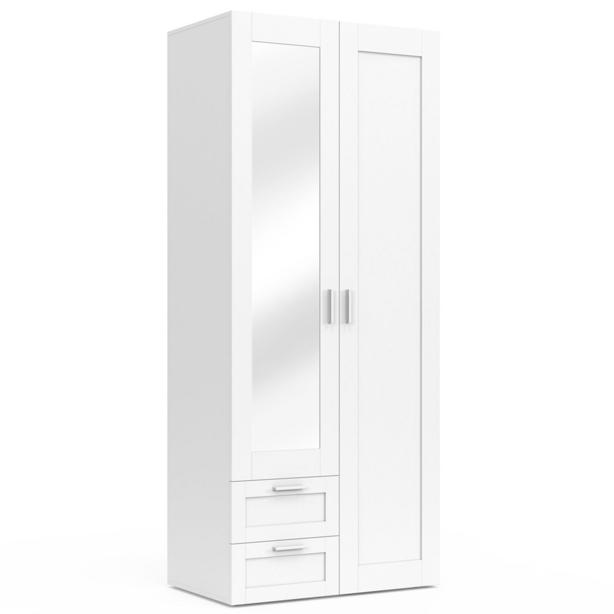 ID MARKET Armoire 2 portes VITO blanc penderie 80 cm avec 2 tiroirs, miroir et étagères