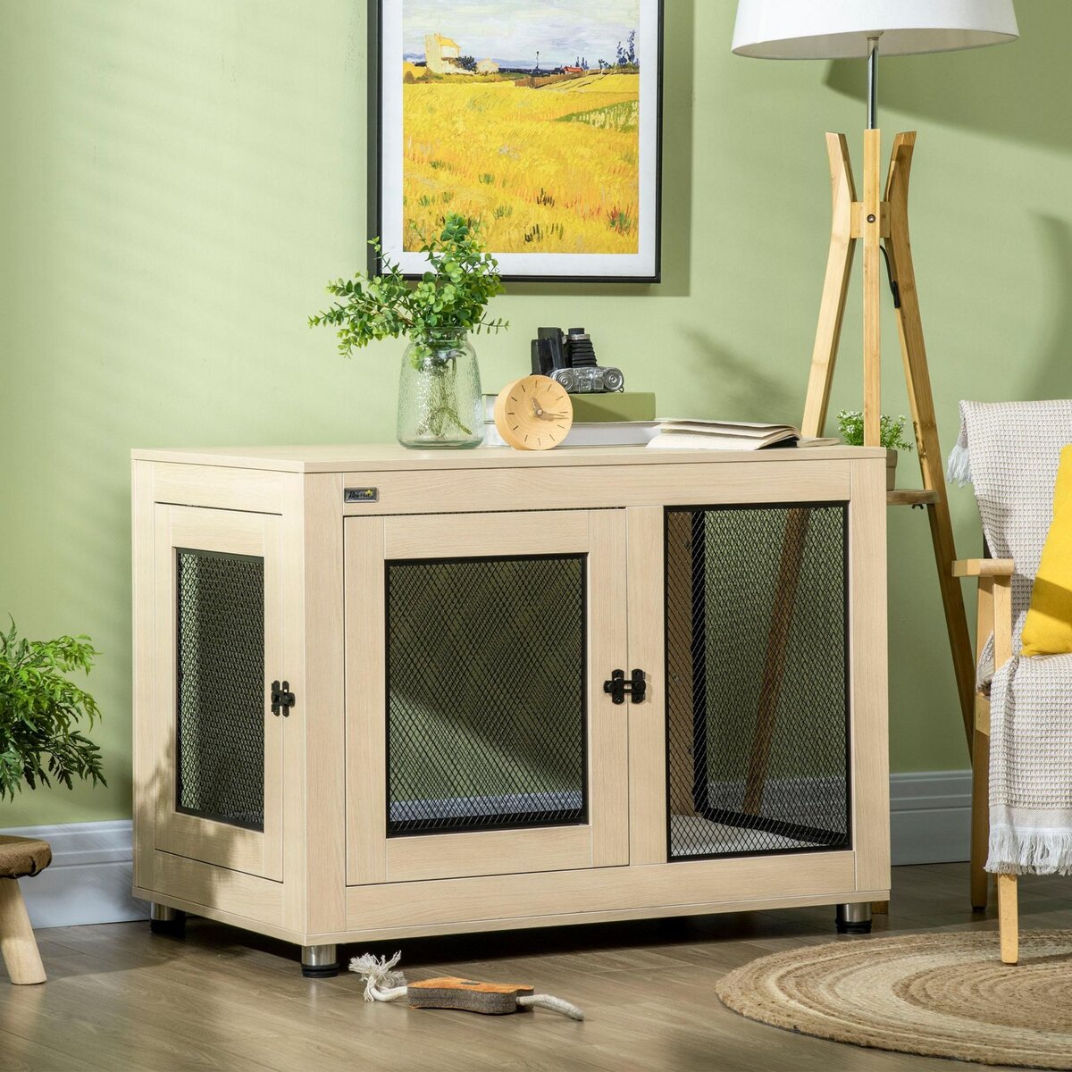 PAWHUT Cage pour chien sur pied style industriel - 2 portes verrouillables, coussin inclus - acier maillé noir panneaux aspect bois clair