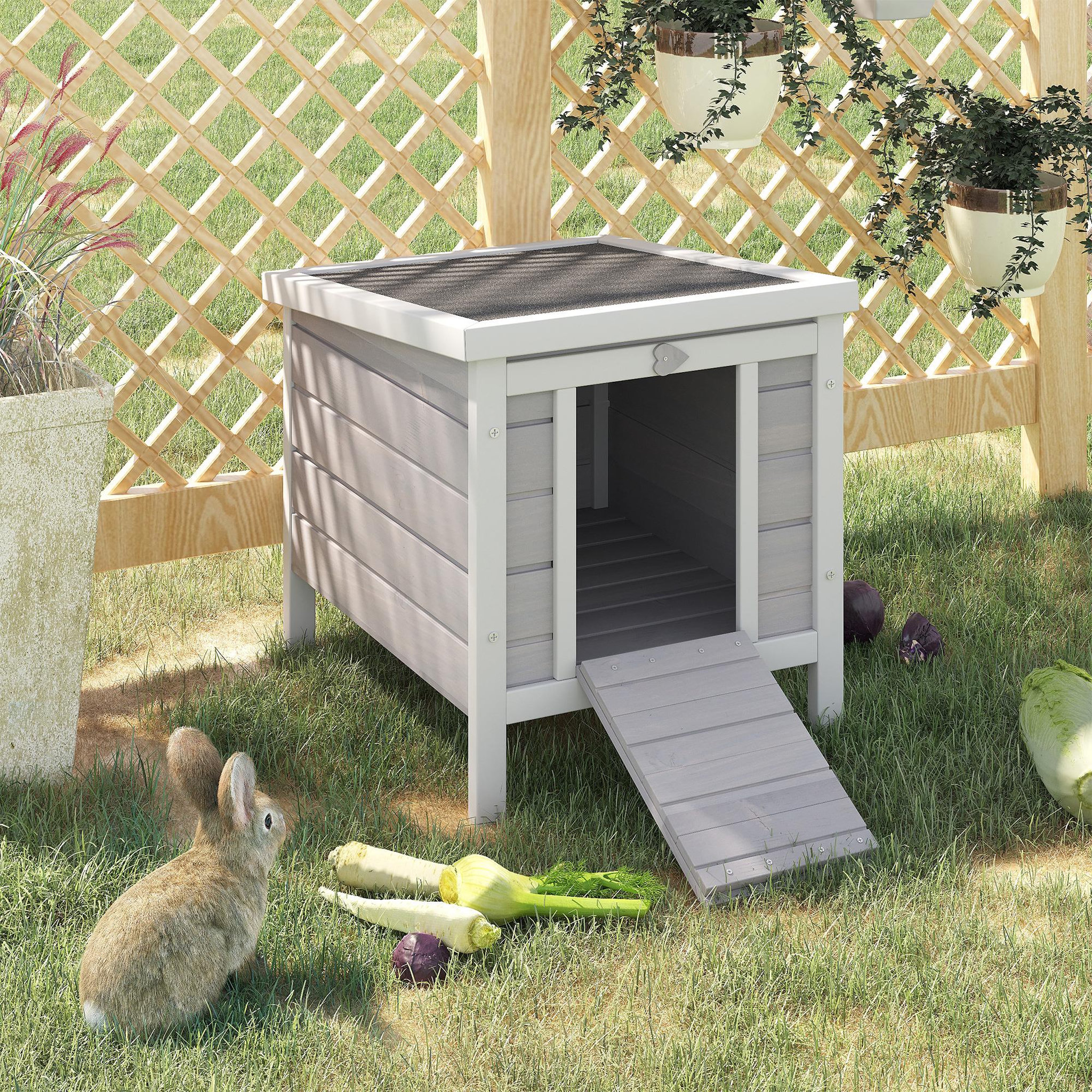 Voir la diapositive 2 : PAWHUT Clapier lapin niche sur pied - rampe porte verrouillable, toit ouvrant bitumé incliné - bois gris blanc