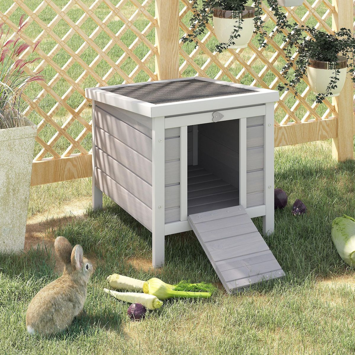 PAWHUT Clapier lapin niche sur pied - rampe porte verrouillable, toit ouvrant bitumé incliné - bois gris blanc