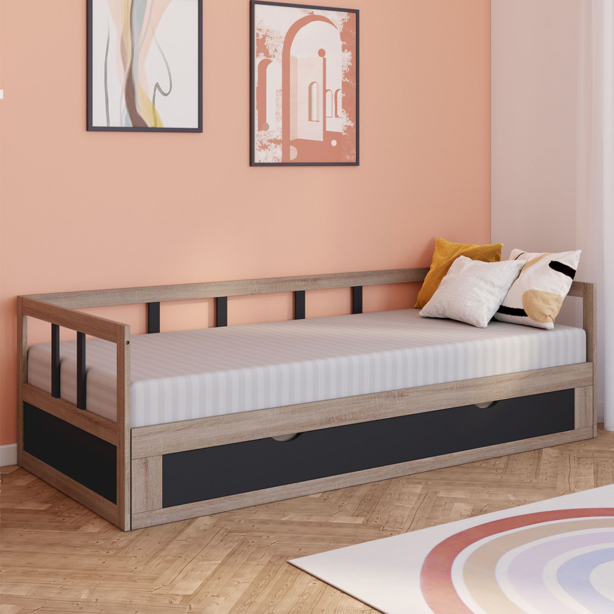 Voir la diapositive 2 : ID MARKET Lit banquette 90 x 190 cm zoya convertible 180 x 190 cm hêtre et noir avec 1 tiroir de rangement