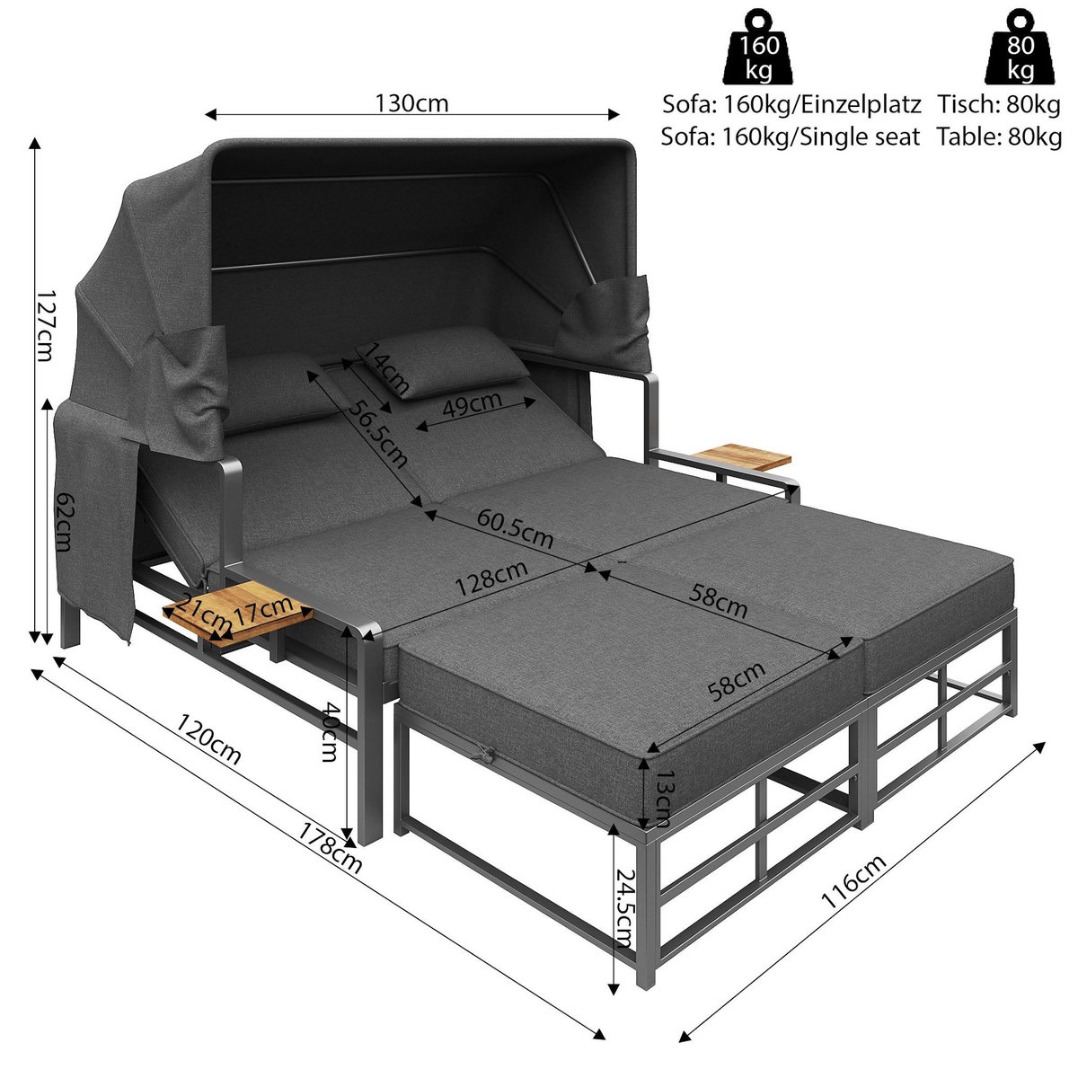 MERAX Bain de soleil 2 places en Métal avec auvent pliable, table incluse, coussins, gris