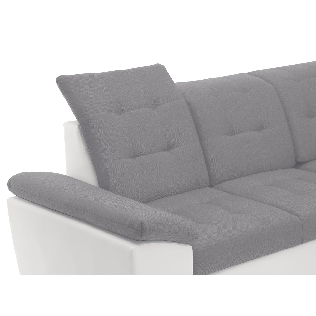 Canapé d'angle gauche convertible avec coffre et repose tête réglable en tissu gris + pu  blanc RECITAL