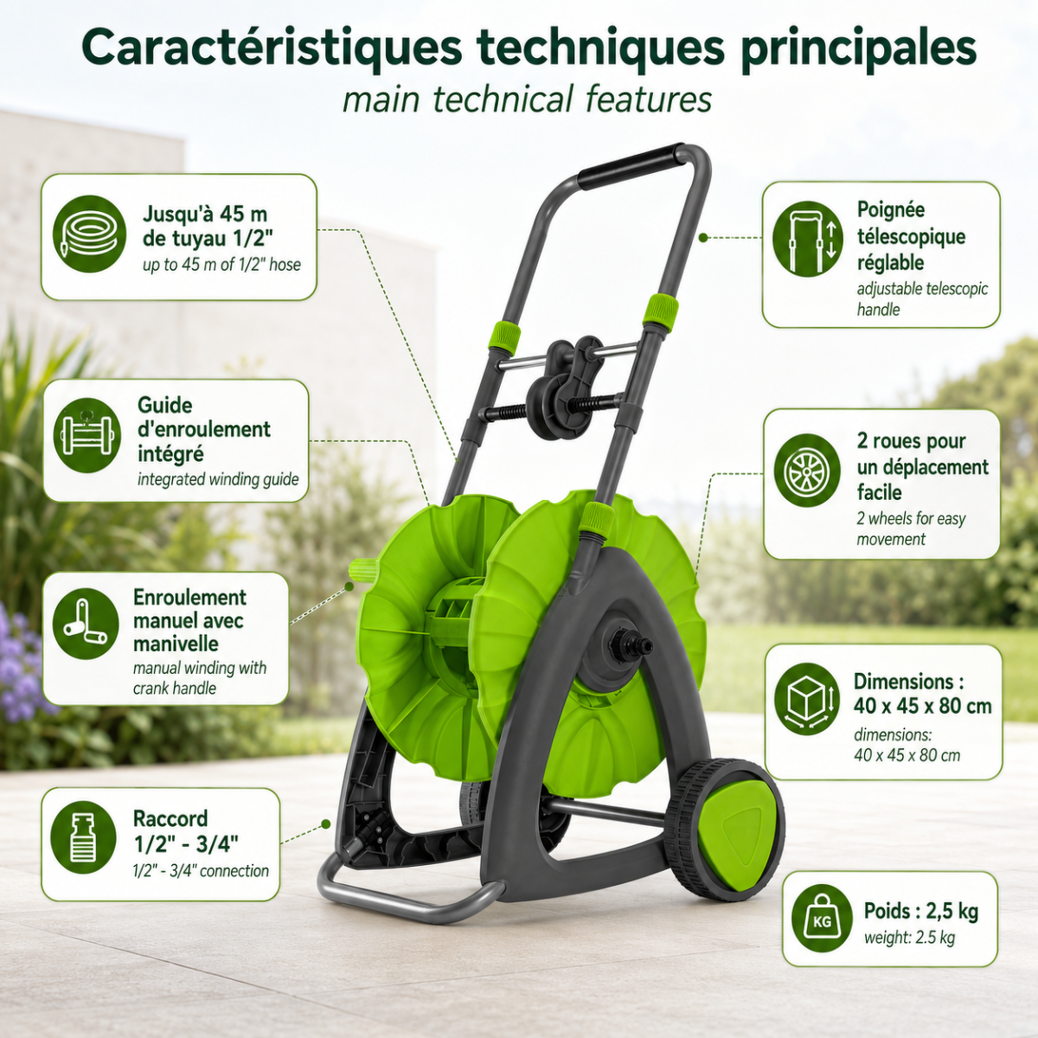 Voir la diapositive 4 : VITO Chariot dévidoir tuyau d'arrosage jusqu'à 45m 1/2  enrouleur tuyau guide poignée télescopique manivelle 2 roues jardin vito