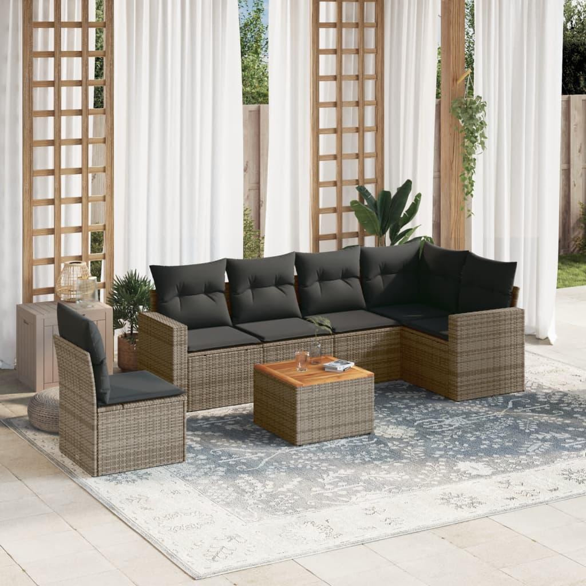 VIDAXL Salon de jardin avec coussins 7 pcs gris resine tressee