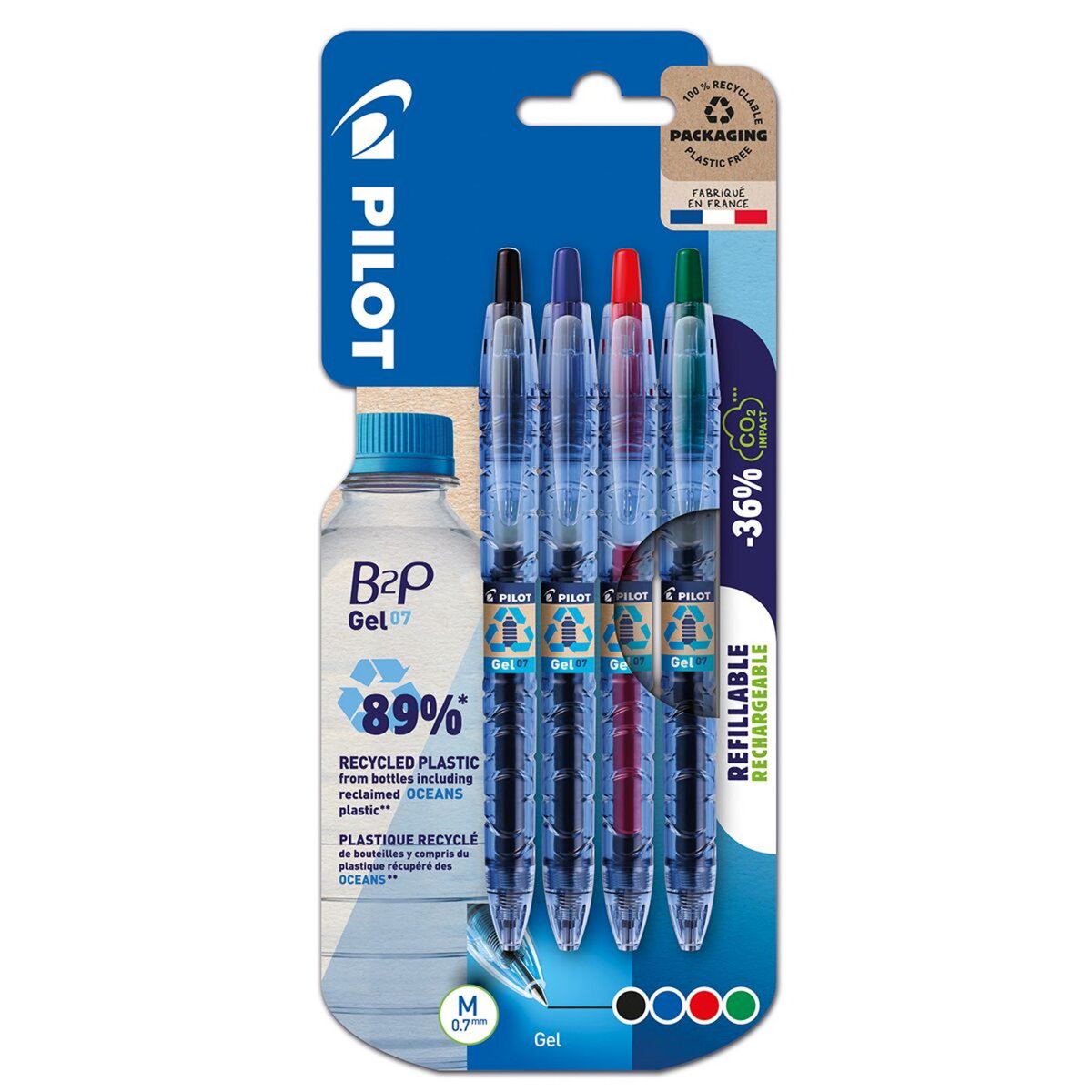 PILOT Lot de 4 stylos gel rétractables pointe moyenne bleu/rouge/vert/noir B2PGel07