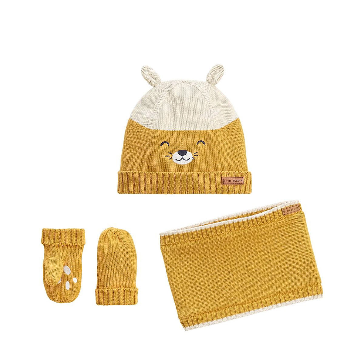 Petit Béguin Ensemble bonnet, moufles et cache-cou enfant en tricot Charly