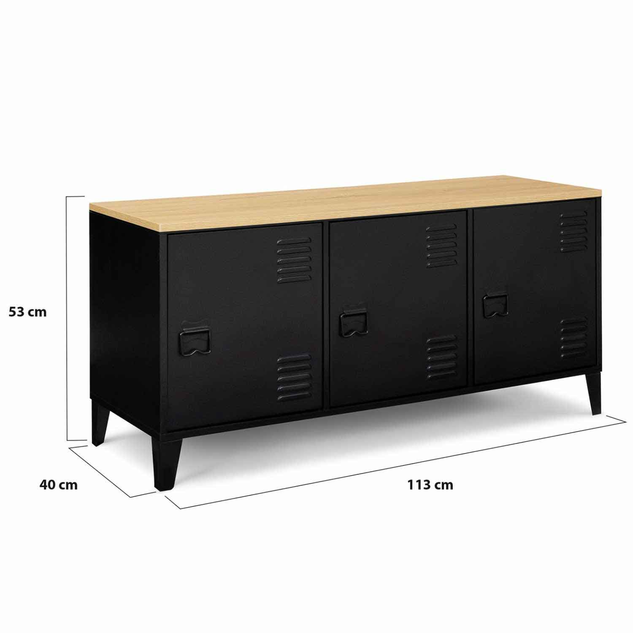 Voir la diapositive 5 : ID MARKET Buffet bas 113 cm ester 3 portes métal noir plateau bois design industriel