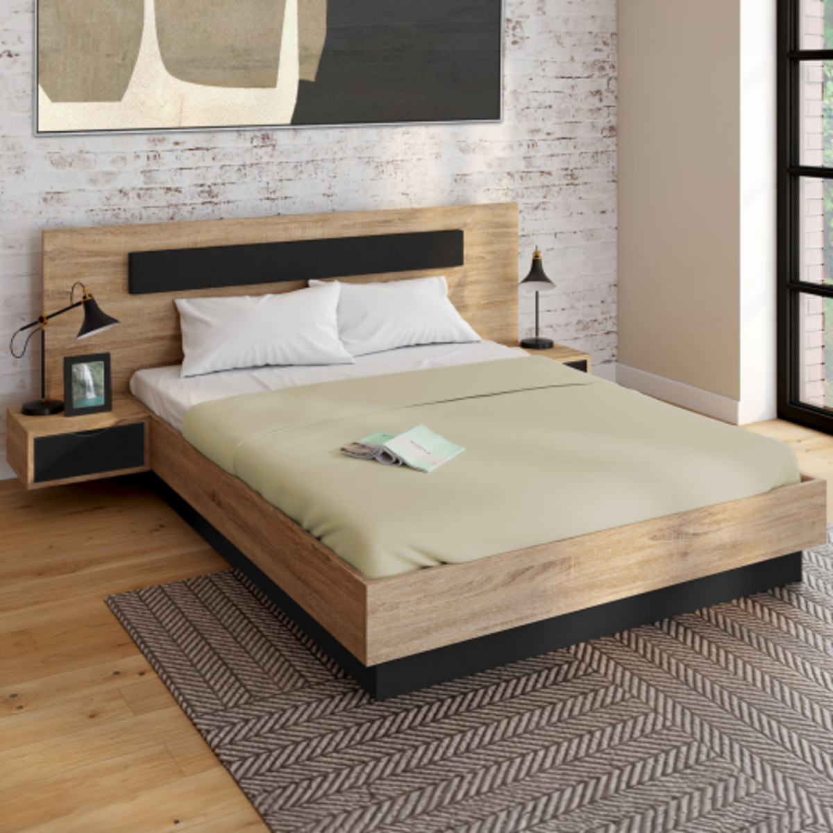 ID MARKET Lit double SANTA avec tête de lit + tables de chevet intégrées et sommier 160 x 200 cm bois et noir