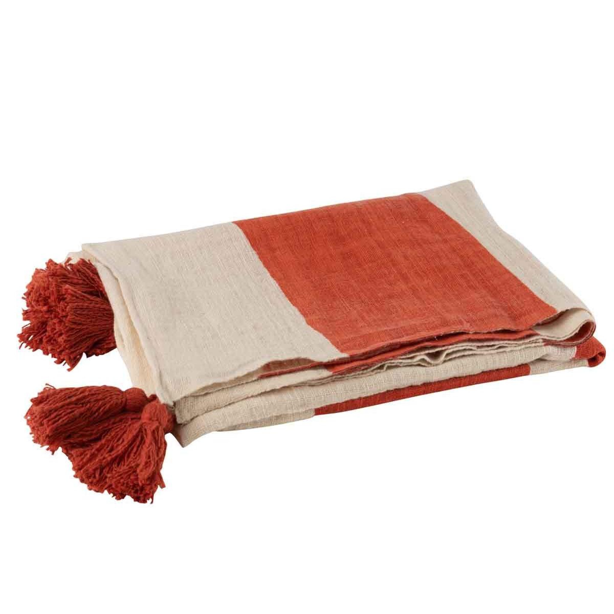 J-LINE Plaid déco à pompons  rayures  130x170cm corail