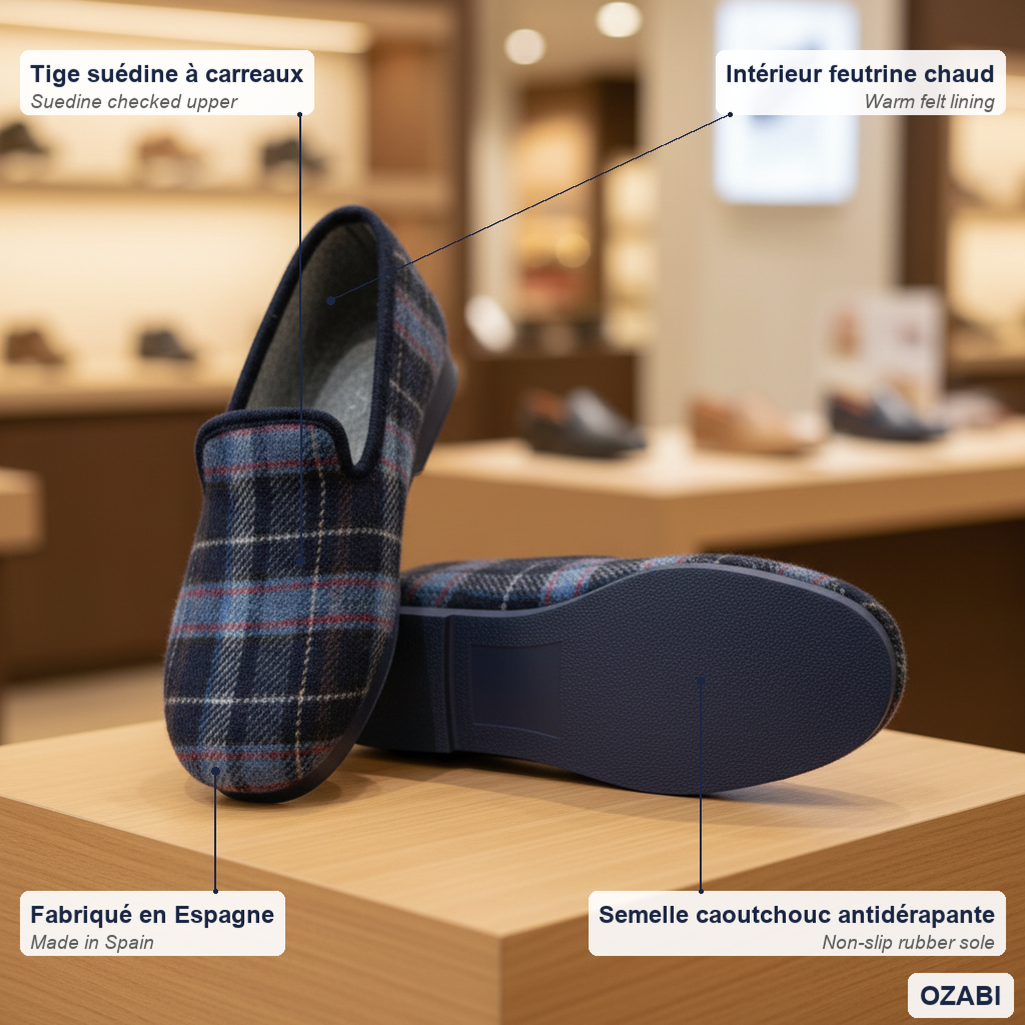 Voir la diapositive 5 : OZABI Ozabi pantoufles charentaises homme fabriquées en espagne carreaux écossais