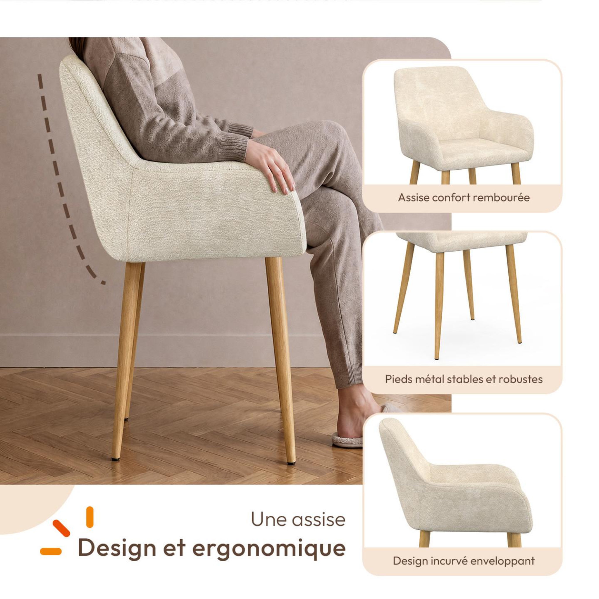 Voir la diapositive 3 : ID MARKET Lot de 4 chaises rory en tissu chenille beige pour salle à manger