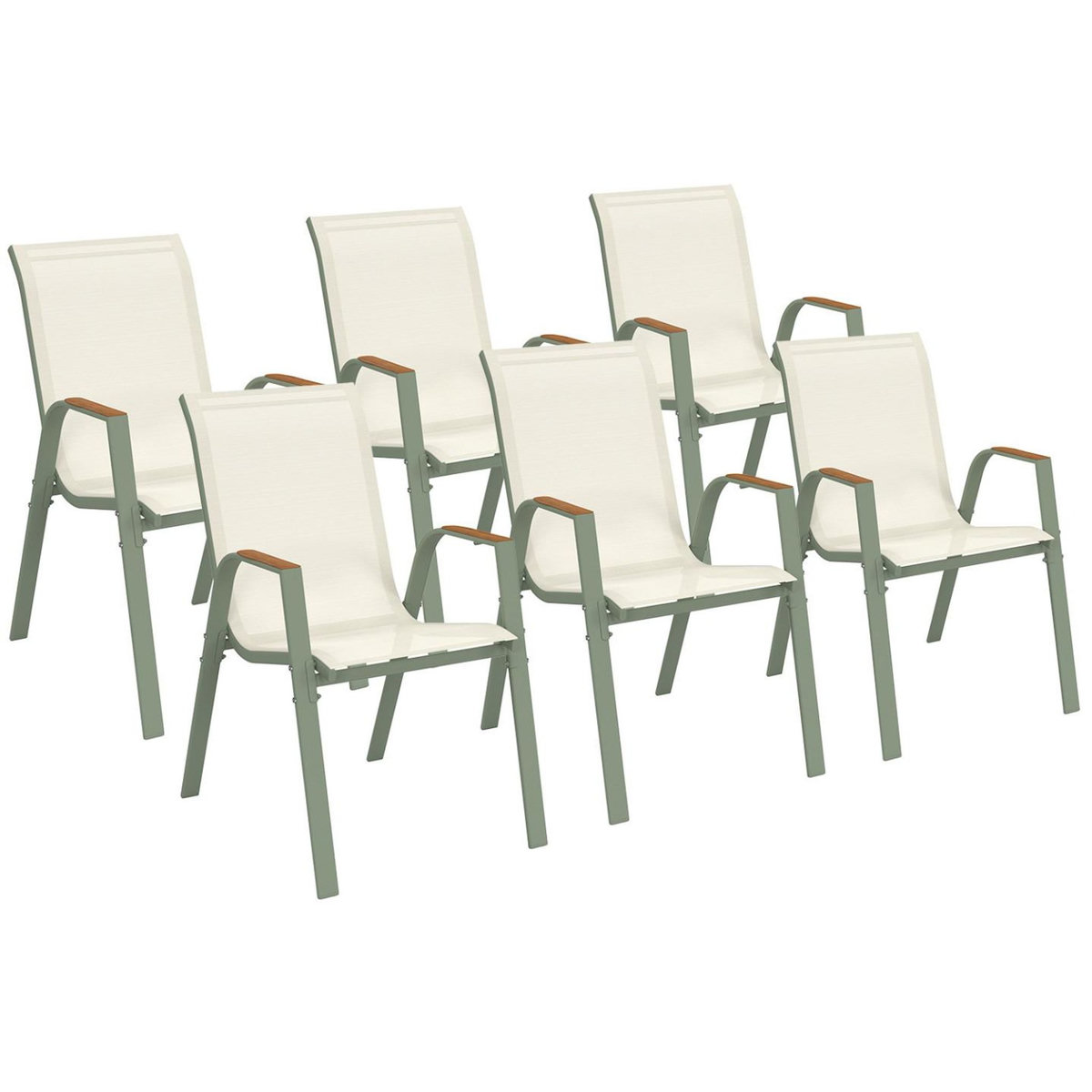 ID MARKET Lot de 6 chaises de jardin NOUMEA métal et textilène empilables vert et bois