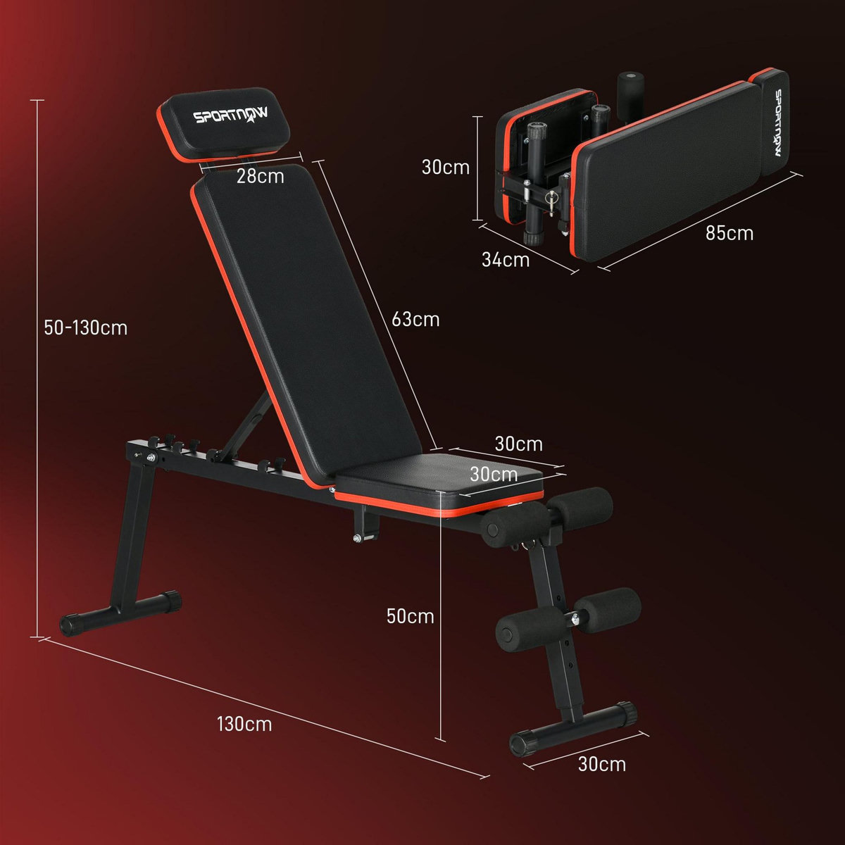 HOMCOM Banc de musculation pliable inclinable abdominaux - 4 coussins presse-jambes - acier PU rouge noir