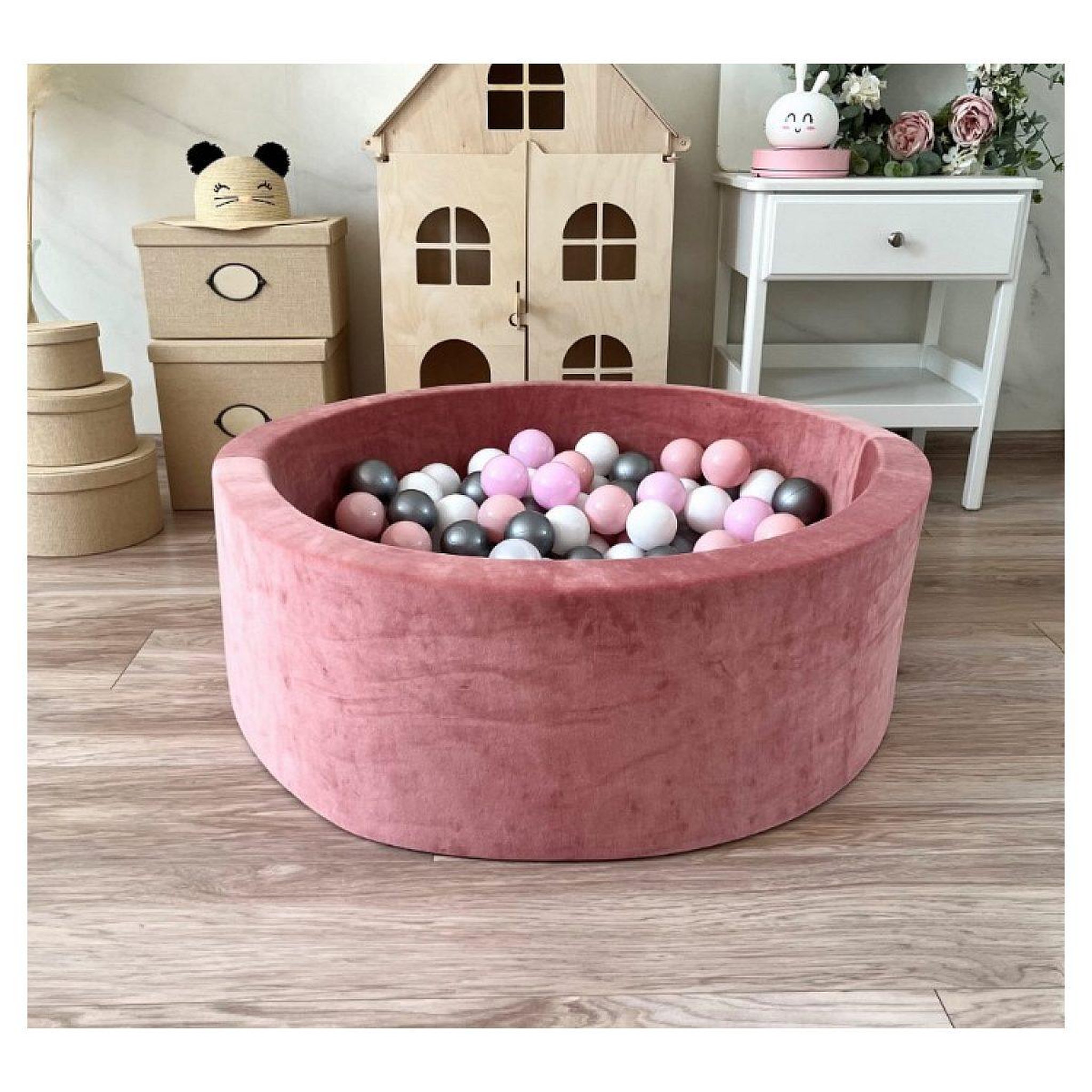 Voir la diapositive 2 : MONIO FOR KIDS Piscine à balles en velours 90 cm rose + 200 balles