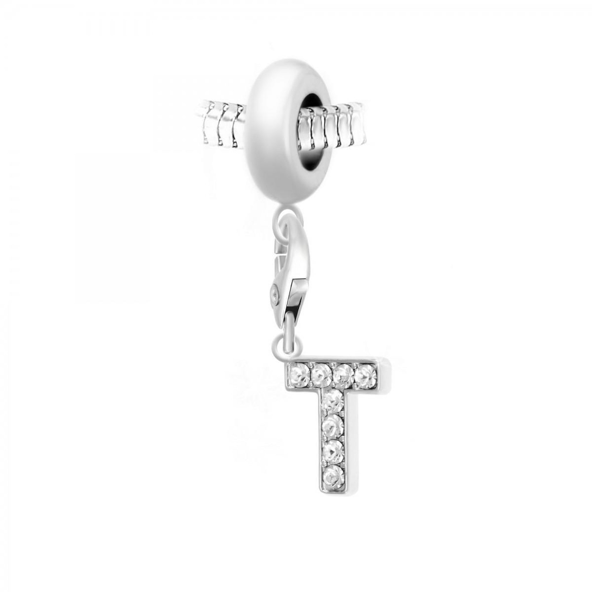SC CRYSTAL Charm perle SC Crystal en acier avec pendentif lettre T ornée de Cristaux scintillants