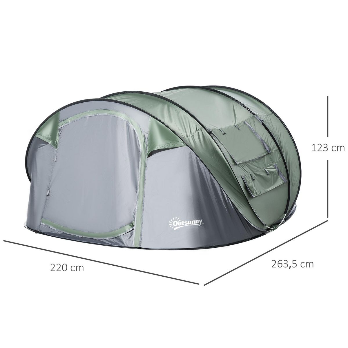 OUTSUNNY Tente de camping 4-5 personnes montage instantanée pop-up 2 portes enroulables 4 fenêtres dim. 2,63L x 2,2l x 1,23H m fibre verre polyester PE vert gris
