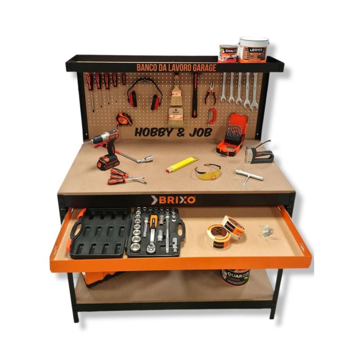 BRIXO Etabli de garage avec tiroir Panneau perforé et étagère L120 xP60 x H150 cm Charge max 230 kg