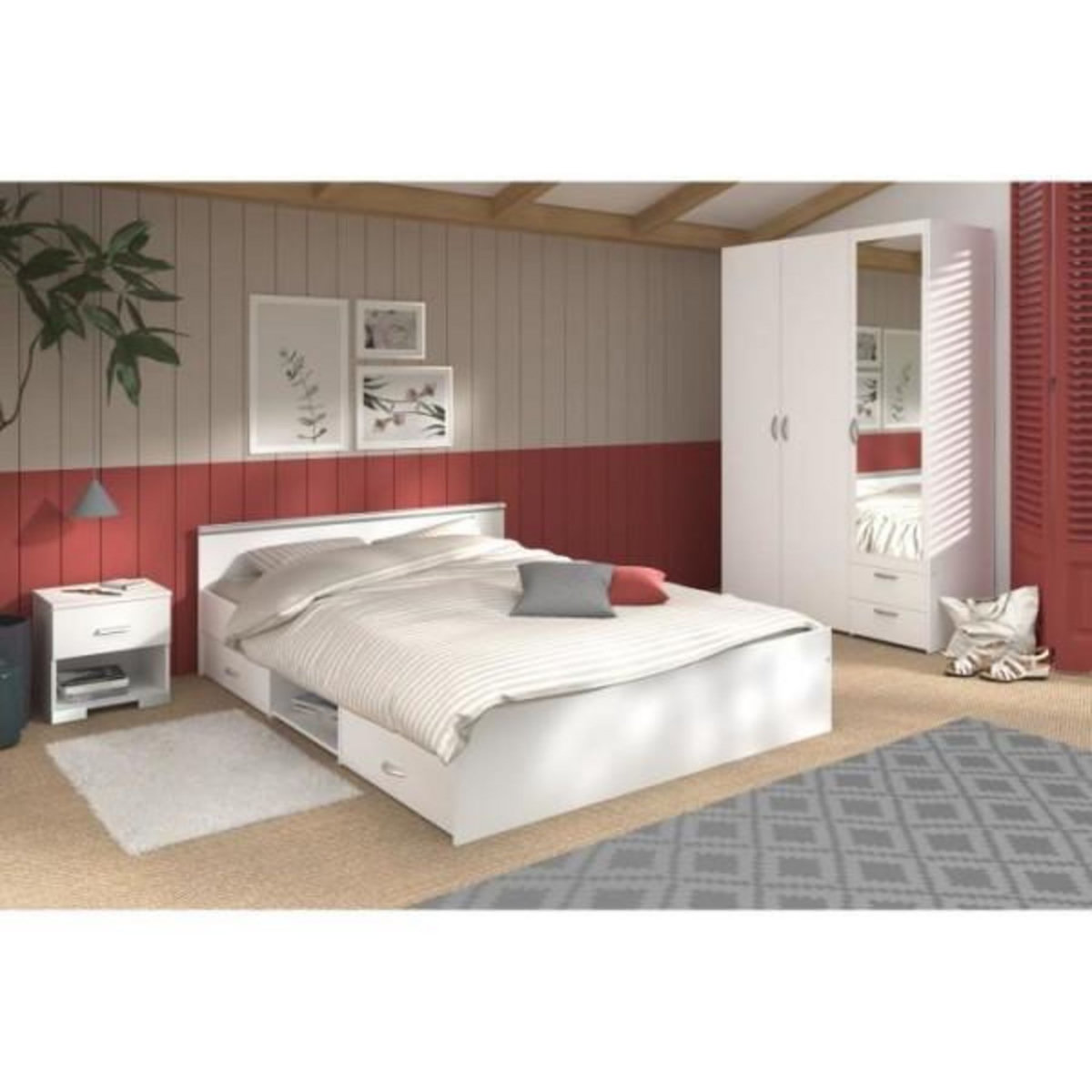 PARISOT Chambre complete adulte: Lit 160 x 200 cm + armoire 3 portes et 2 tiroirs + 2 chevets - Décor Blanc - PARISOT