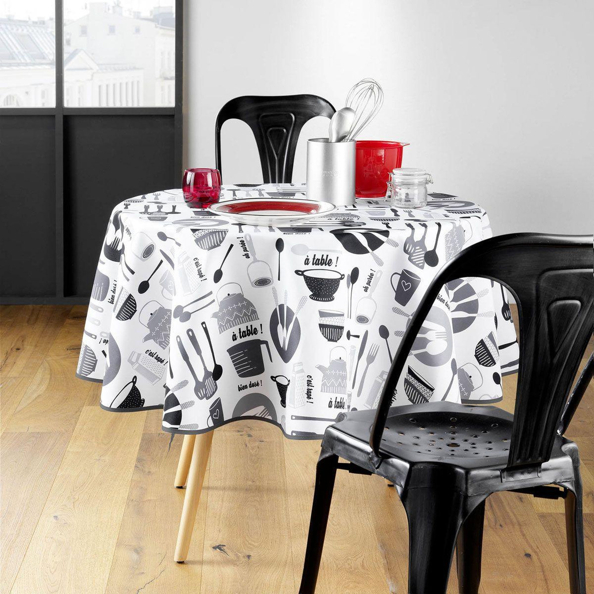Voir la diapositive 3 : Douceur d'Intérieur Nappe ronde imprimé  kitchen  180cm blanc & noir