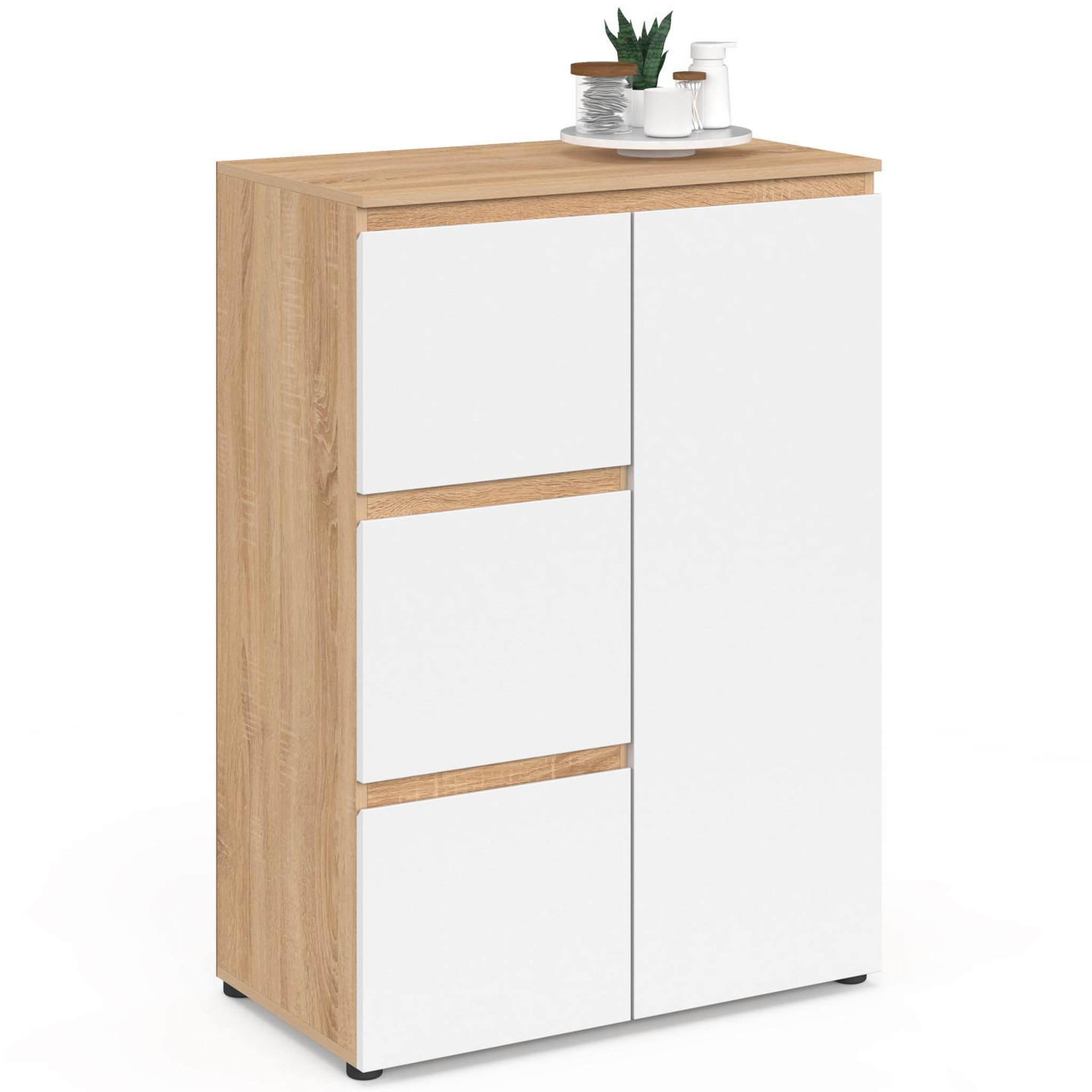 ID MARKET Meuble de rangement salle de bain tomi 3 tiroirs avec placard façon hêtre et blanc