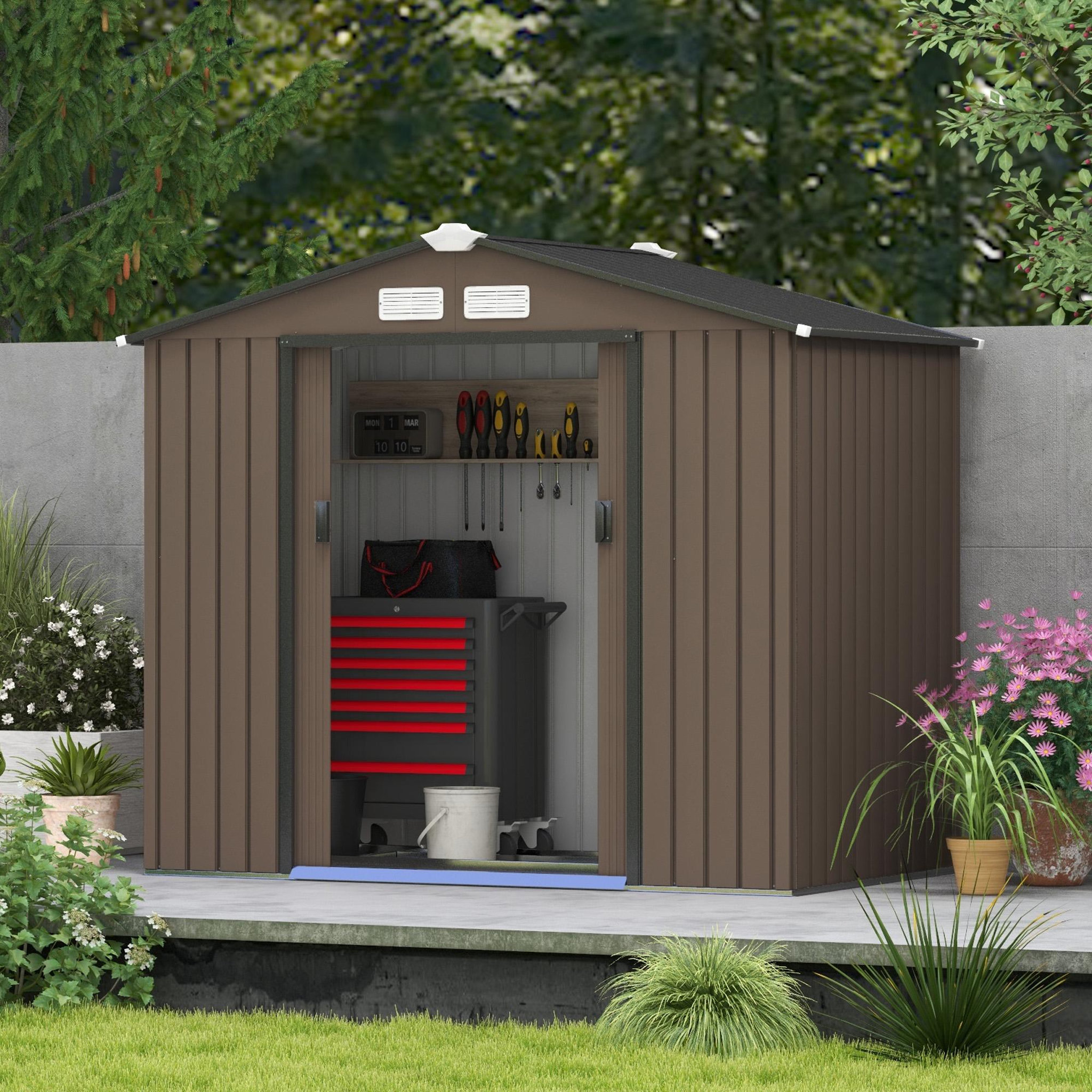 Voir la diapositive 3 : OUTSUNNY Abri de jardin - remise pour outils - cabanon porte verrouillable - dim. 213L x 130l x 185H cm - tôle d'acier chocolat