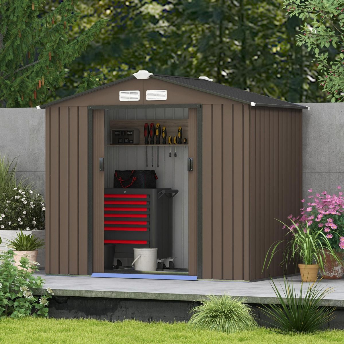 OUTSUNNY Abri de jardin - remise pour outils - cabanon porte verrouillable - dim. 213L x 130l x 185H cm - tôle d'acier chocolat