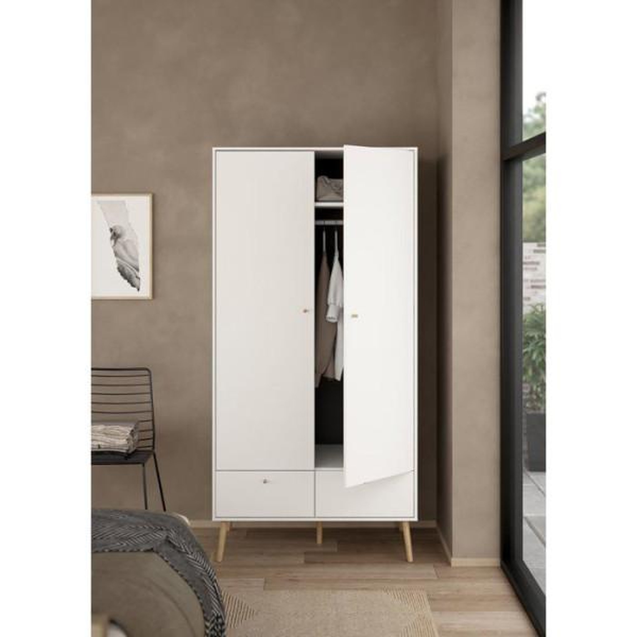 Voir la diapositive 2 : MARKET24 Armoire de chambre - bodo - blanc mat - 2 portes - 2 tiroirs - 98,7 x 58,1 x 200,1 cm