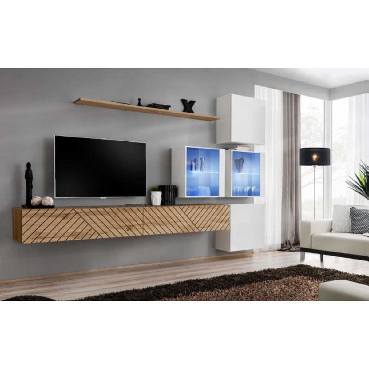 Paris Prix Ensemble Meuble TV  Switch Lamel XIX  310cm Naturel & Blanc