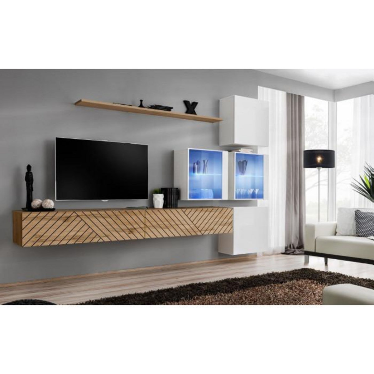 Paris Prix Ensemble Meuble TV  Switch Lamel XIX  310cm Naturel & Blanc