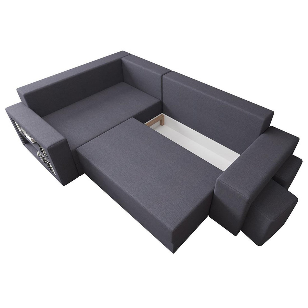 BEST MOBILIER Libbie - canapé d'angle gauche 4 places convertible avec coffre, étagère et poufs en tissu
