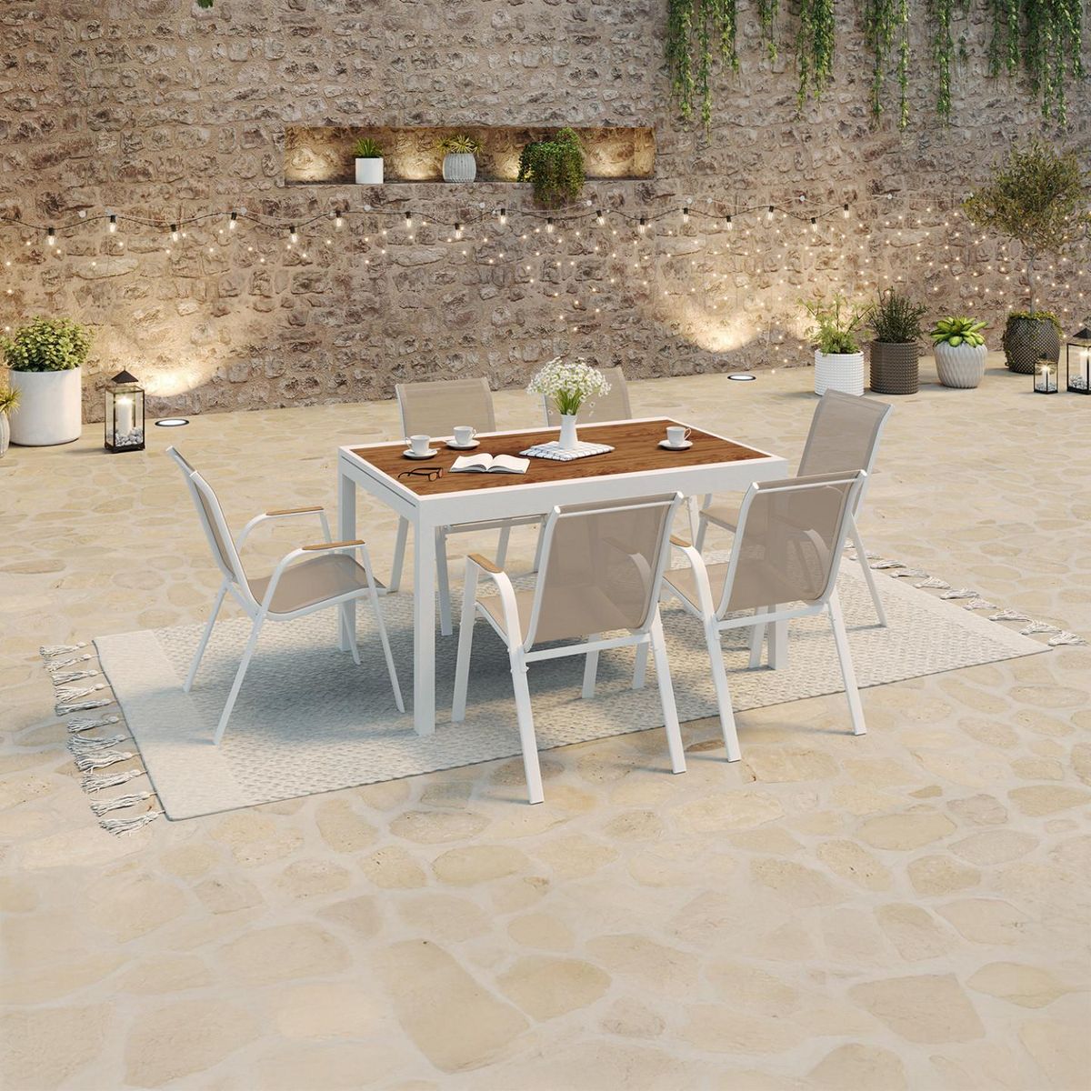 ID MARKET Salon de jardin NOUMEA extensible table 135/270 cm plateau verre trempé effet bois et 12 chaises empilables blanc et bois