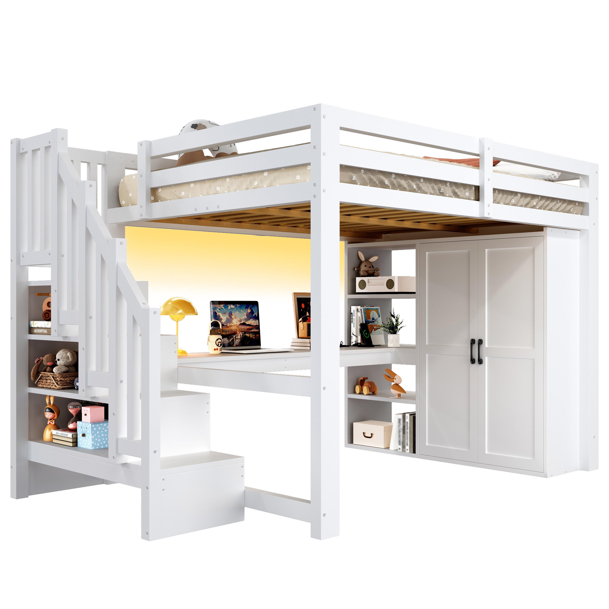 MERAX Lit combiné enfant 140x200 cm coloris blanc led pin