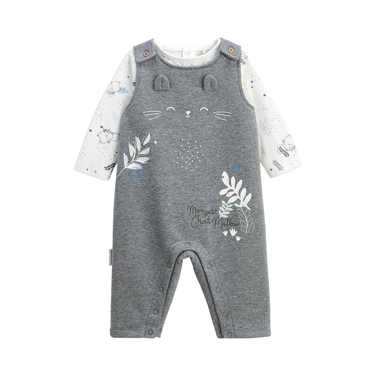 Petit Béguin Ensemble salopette bébé en molleton et t-shirt Chatmallow