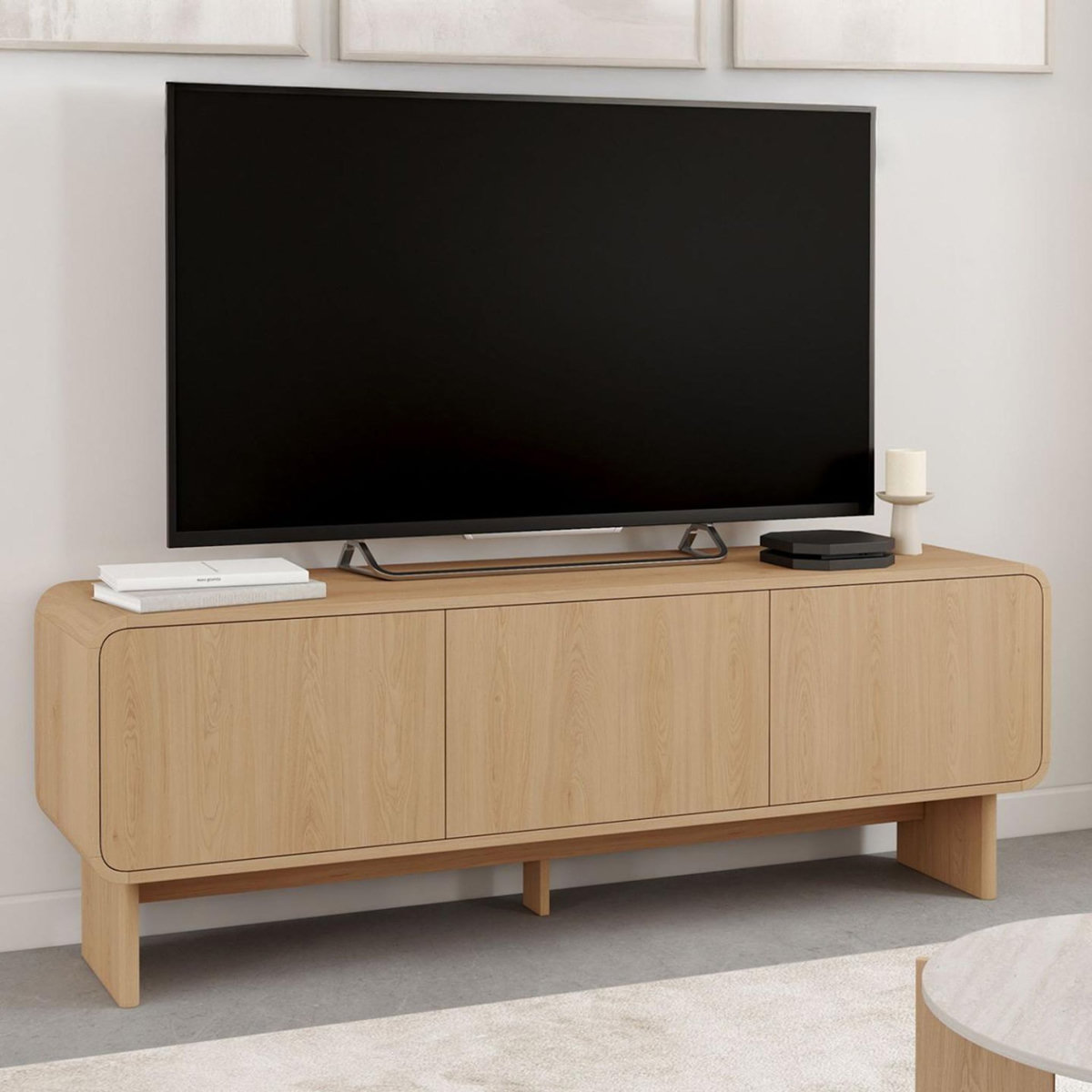 ID MARKET Meuble TV 140 cm CAPUCINE 3 portes façon hêtre design arrondi
