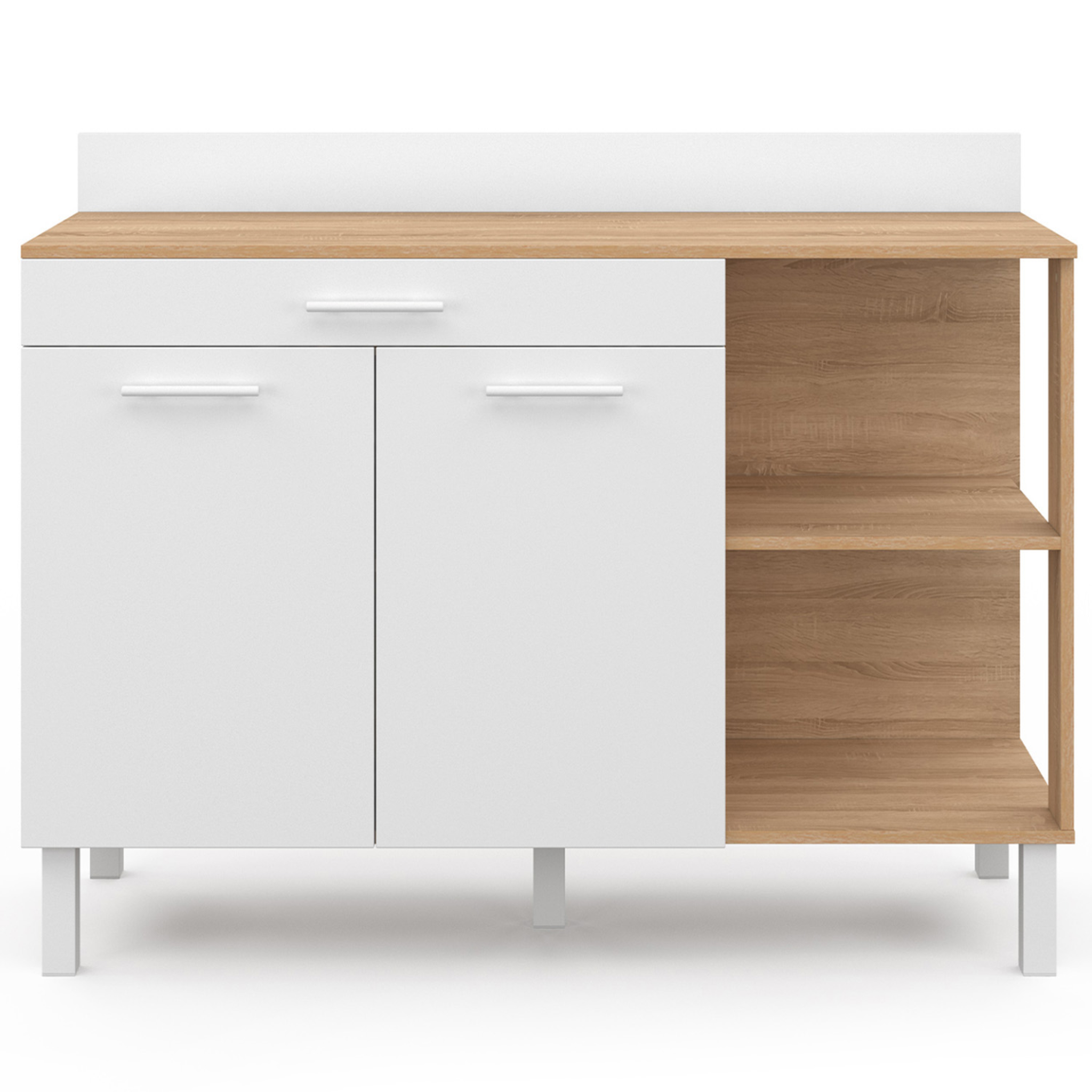Voir la diapositive 3 : ID MARKET Buffet bas de cuisine 120 cm cina plan de travail h.83 cm 2 portes + tiroir façon hêtre et blanc