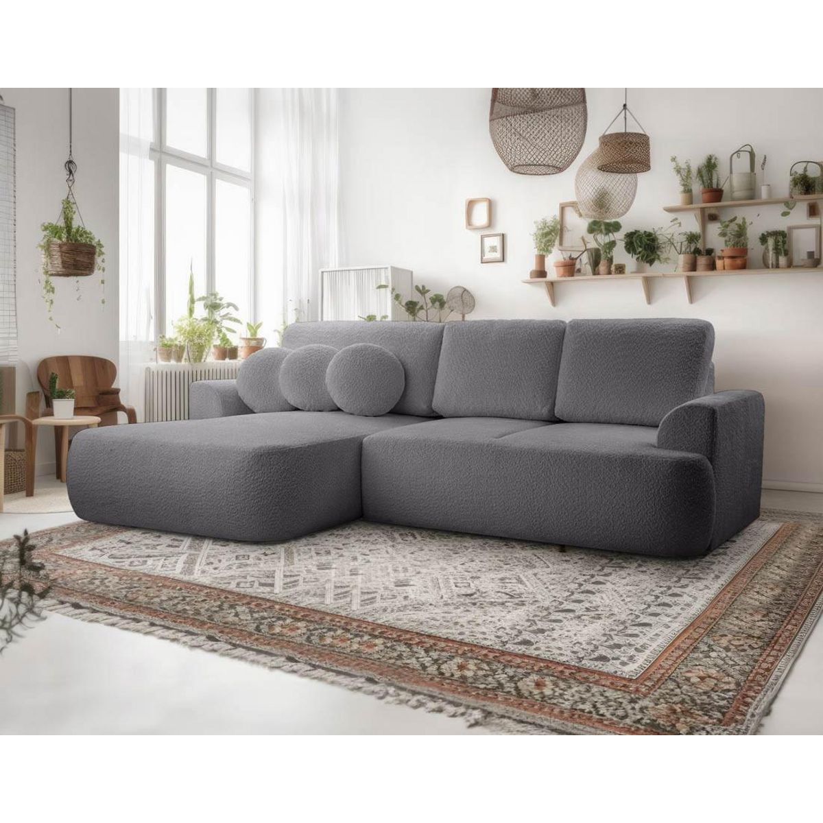 BEST MOBILIER Candela - canapé d'angle gauche 4 places - convertible avec coffre - en tissu bouclette