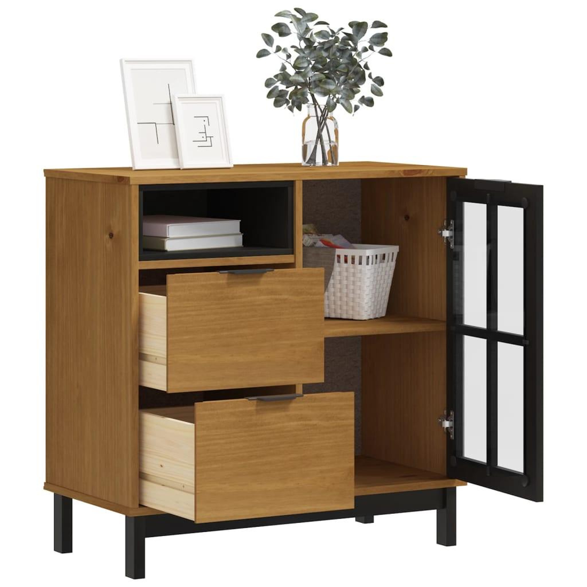 Voir la diapositive 3 : VIDAXL Buffet avec porte vitree flam 80x40x80 cm bois massif de pin