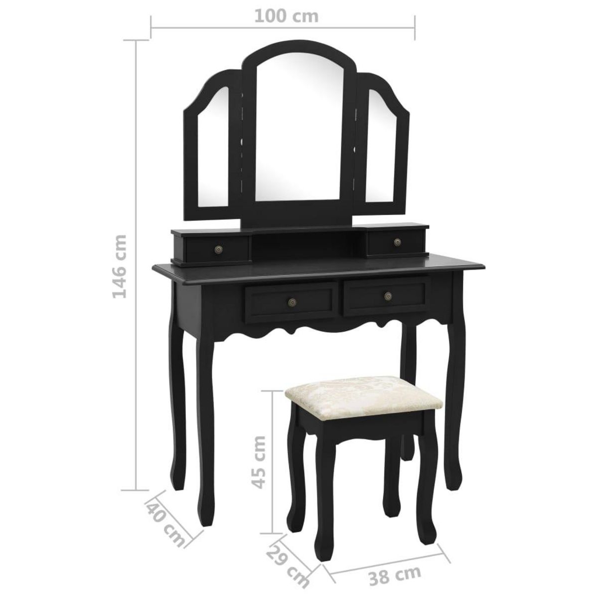 VIDAXL Ensemble de coiffeuse et tabouret Noir 100x40x146 cm Paulownia