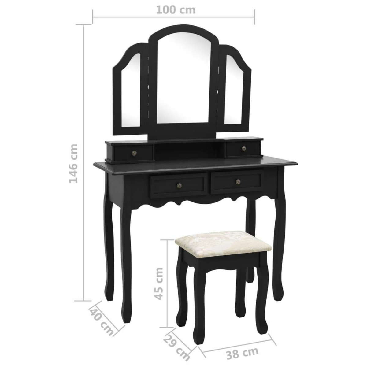 VIDAXL Ensemble de coiffeuse et tabouret Noir 100x40x146 cm Paulownia